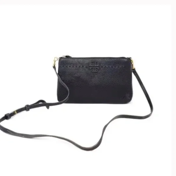 Tory Burch Womens Leather Logo Embellished Flat Small Crossbody Handbag Black - Picture 2 of 12